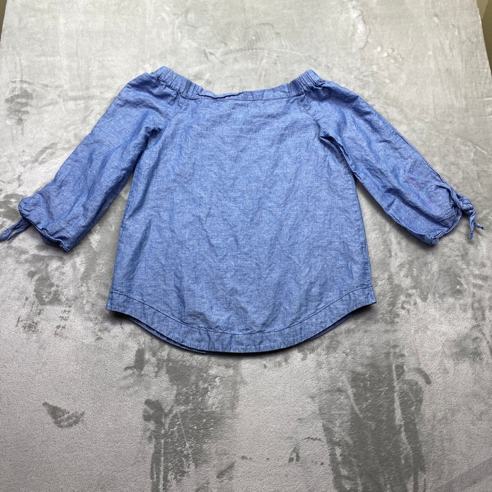Free People Chambray Off-the-Shoulder Linen Blend Top 3/4 Sleeves Tie Cuffs Sz S